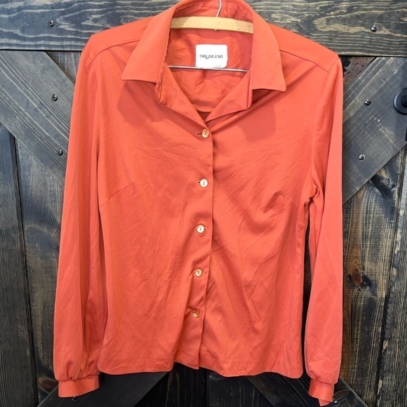 Sir Julian Dress Top XS Blouse Burnt Salmon Orange Silky Button Up Collared Vtg - Picture 1 of 8